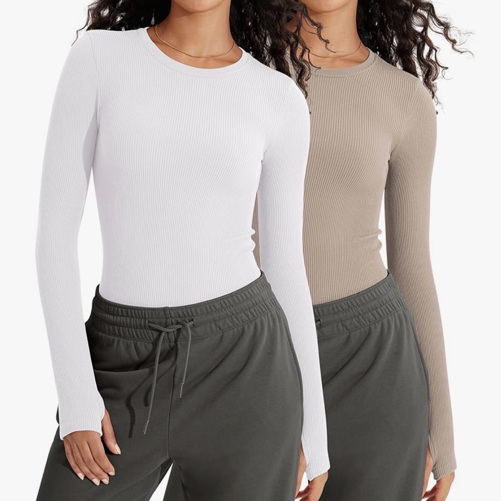 Amazon Ribbed Long-Sleeve Crewneck Top — White & Taupe